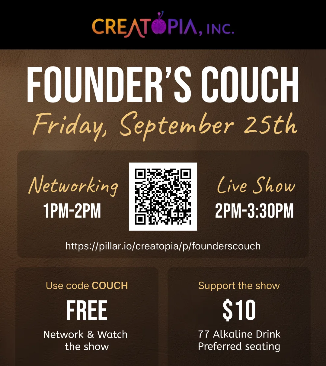 Founder's Couch poster: Friday, September 25th, networking 1 to 2 pm, live show 2 to 3:30 pm.