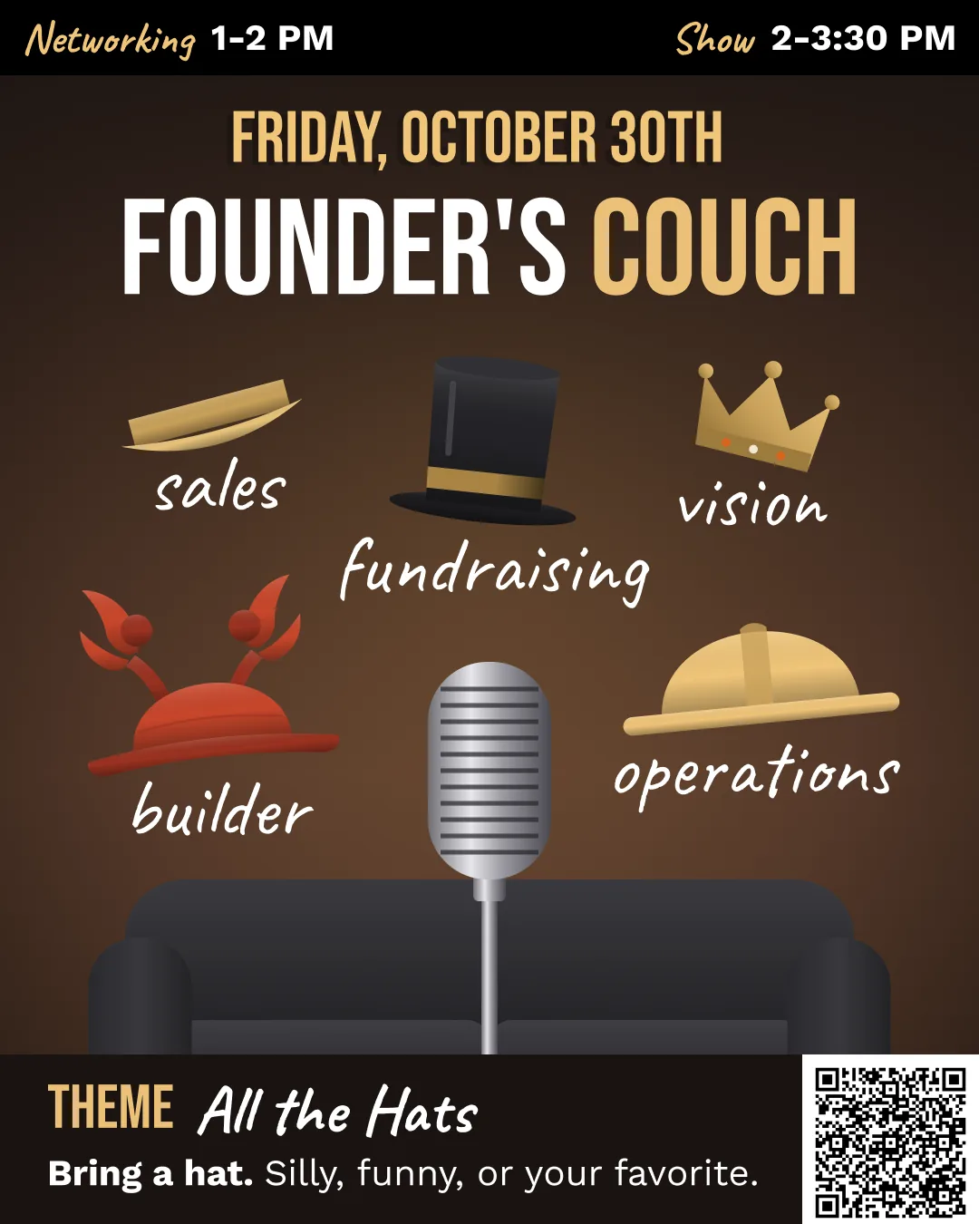 Founder's Couch poster: Friday, October 30th. Hats labelled sales, fundraising, vision, builder and operations around a microphone on a couch. Theme: All the Hats.
